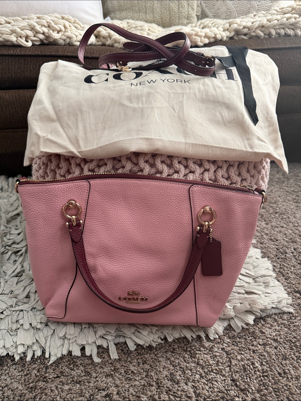 Coach Pink Pebbled Leather Tote with Burgundy Trim and Strap